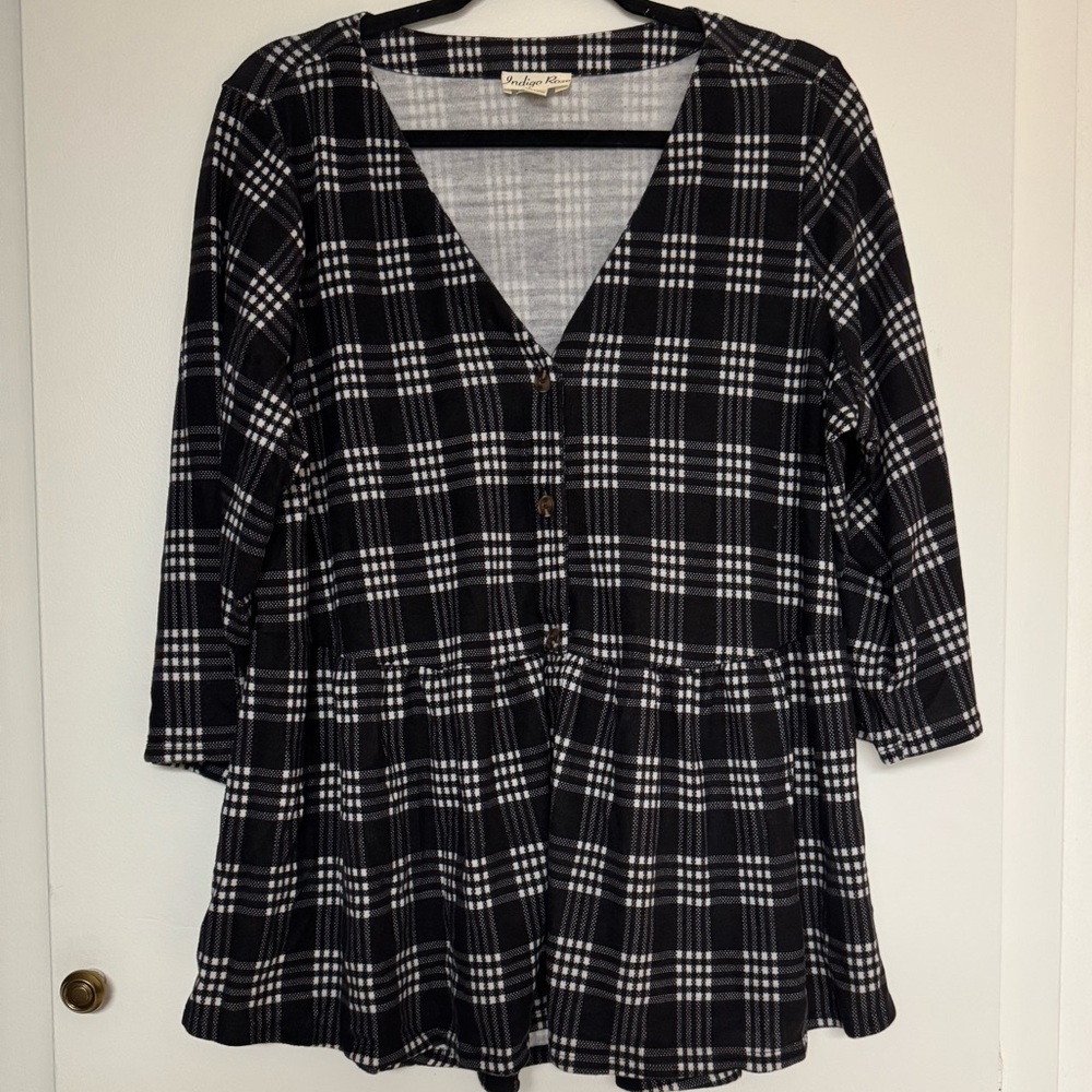 Womens Plus Size 2X Black & White Plaid Sweater-knit w/ Peplum NEW